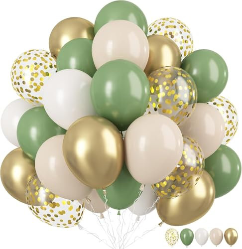 Grün Weiß Gold Luftballons, 12 Zoll Sage Grün Beige Latex Luftballons Grün Weiß Metallic Gold Luftballons mit Konfetti Luftballons für Safari Dschungel Kinder Geburtstag Babyparty