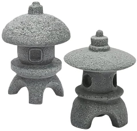 Abaodam 2pcs Japanese Style Miniature Pagoda and Stone Lantern Garden Decor Set, Outdoor Zen Garden Figurines for Tranquil Landscape Mini Pavilion Statues for Patio and Aquarium Decoration