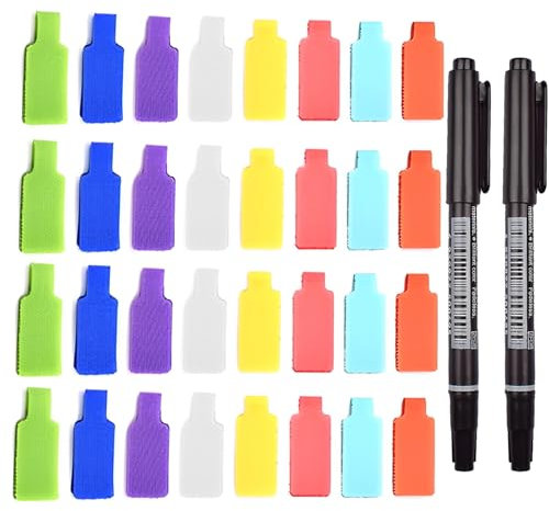 Kabelbeschriftung Kabel Beschriftung Wiederverwendbar, 32 St Mehrfarbige Beschreibbare Kabeletiketten 4.5 Cm X 2 Cm und 2st Schreibstifte Mit Zwei Köpfen Schreibfläche Zum Identifizierung Von Kabe