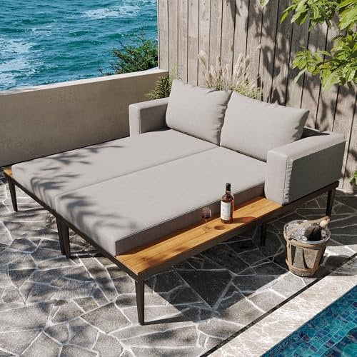 Lounge Sonnenliege 2 Personen, wasserdichtes Gartenmöbel Set Balkon Möbel, Outdoor Gartenliege Liegestuhl Outdoor Patio Daybed Double Lounge Bed Sofabett Doppel-Liegebett mit Regalen und Kissen, Grau