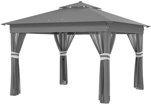 Outsunny Carpa Plegable 3x3 m Cenador de Jardín con Luces LED Solares Techo Doble 4 Mosquiteras Altura Regulable Control Remoto y Bolsa de Transporte para Terraza Patio Fiestas Gris Oscuro