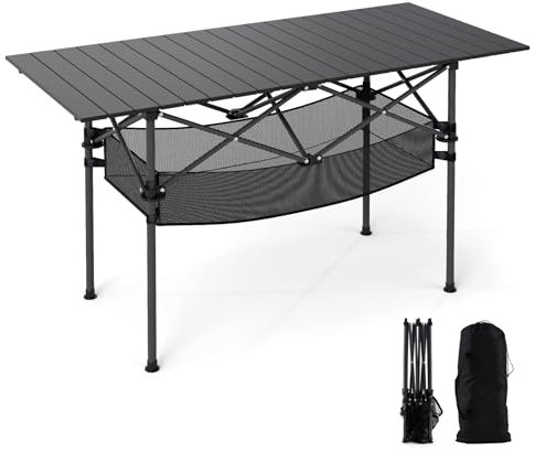 TANGZON Aluminum Folding Camping Table, Portable Picnic Table with Roll Up Tabletop & Carry Bag, 4-6 People Outdoor Dining Table for Garden Beach Hiking BBQ Parties (with Mesh Basket, Black)