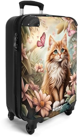 NoBoringSuitcases.com® Handgepäckskoffer Kinder 55x35x20 cm Reisekoffer Kinderkoffer 4 Rollen Leicht Koffer Cabin Trolley Hartschalenkoffer Kind Katze - Blumenfeld - Schmetterlinge - Rosa
