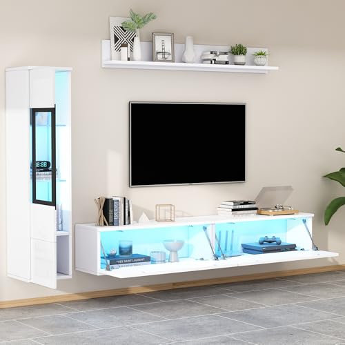 LANTRO JS Wall Mounted TV Unit Set of 3, Led Floating Shelf, White High Gloss TV Unit, TV Cabinet, Living Room Display Cabinet, Hanging Shelf