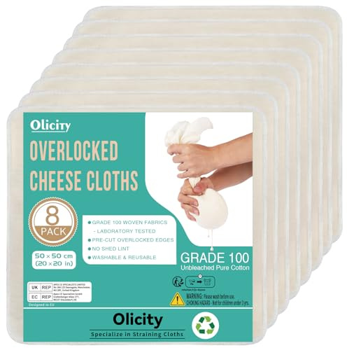 Olicity Passiertuch 8er Set | Overlock-Käsetuch 50x50cm ungebleicht & fein gewebt | Cheesecloth wiederverwendbar für Klarbrühe, Püree | Mulltuch als Siebtuch, Filtertuch, Presstuch | Küchengeeignet
