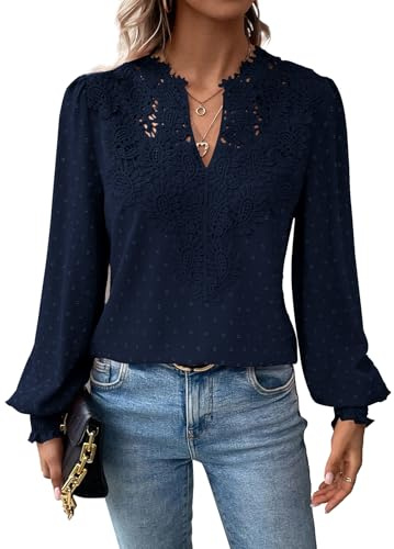 TUUHAW Women Tops V Neck Long Sleeve Shirts Swiss Dot Flowy Boho Lace Top | Crochet Casual Blouses, Basic Sexy Peplum T Shirt, Smocked Spring Clothing, Autumn Ladies Daily Outfits, Eyelet Embroidery