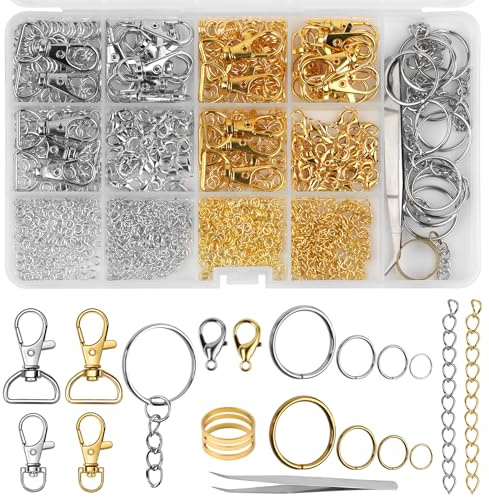 930PCS Keyring Making Kit,Includes Metal Keyring Clip,Keychains and Lobster Clasps,Jump Rings,Tweezer,Key Ring Hoop for Jewellery Making, Keys,DIY Crafts(Silver and Gold)