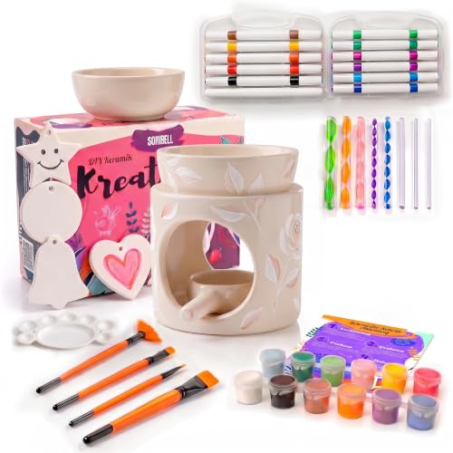 Duftlampe bemalen Set für Erwachsene mit Farben & Porzellanstiften DIY | 13 Farben, 12 Porzellanstifte & Extra Schale inklusive