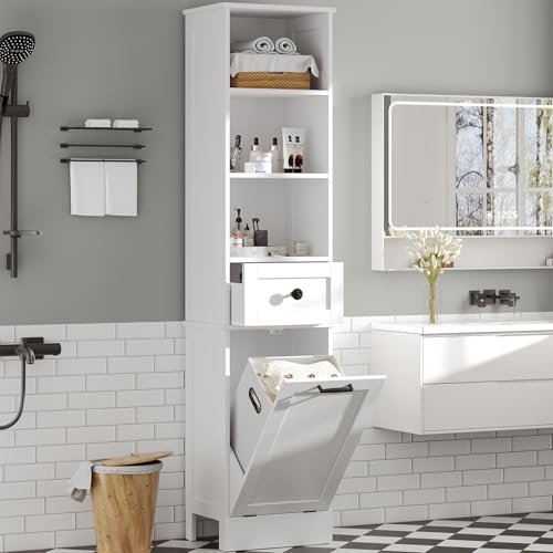 Feonase Tall Bathroom Cabinet with Removable Laundry Basket, Slim Freestanding Storage Organizer with 3 Open Shelves and 1 Drawer for Bathroom, Laundry, Hallway White