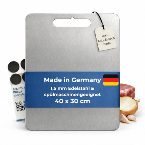 Edelstahl Schneidebrett 40x30 cm - glatt, Made in Germany | 1,5 mm Edelstahl-Vollmaterial - spülmaschinengeeignet - 4 Silikonpads für rutschhemmenden Stand - entgratet & leicht gerundet