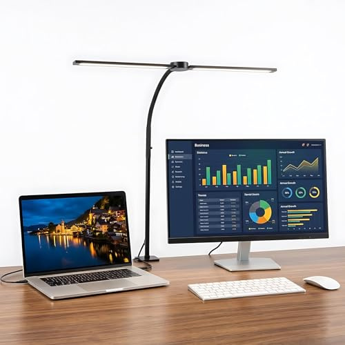 Dimmbare Schreibtischlampe LED Desk Lamp, 1200 Lumen Doppelkopf Klemmleuchte für Home Office, Augenschonende Schwanenhals Tischlampe, Touch Monitorlampe mit 3 Farbtemperaturen & 5 Helligkeitsstufen