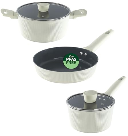 Russell Hobbs Côte Ceramic Pan Set – 24cm Stockpot with Lid, 20cm Frying Pan & 16cm Saucepan, PFAS-Free Non-Stick, Forged Aluminium, Soft-Touch Handles, Induction Compatible, Cream