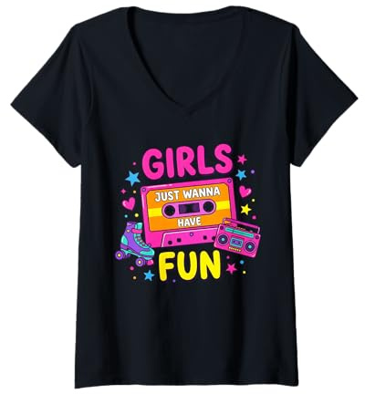Damen Retro Kassette und Rollschuh Girls Just Wanna Have Fun T-Shirt mit V-Ausschnitt