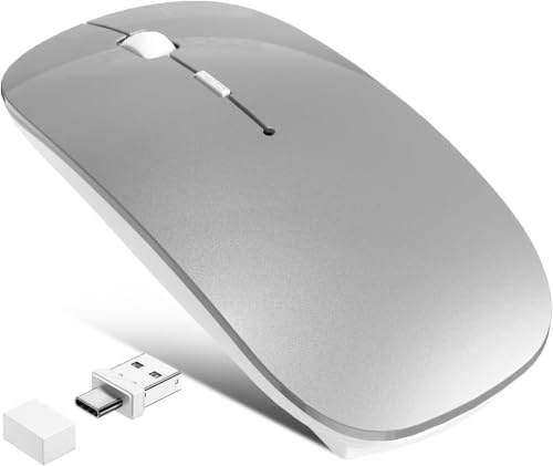 Wireless Bluetooth Mouse with Jiggler Mode, Rechargeable Silent Mouse for MacBook Air/Pro, Multi-Device BT5.2/BT3.0 & 2.4G USB-A/USB-C Receiver, Ergonomic Optical Mouse with 3 DPI Levels, Silver
