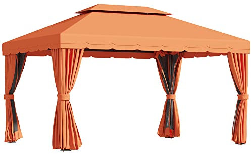 Outsunny Gazebo da Giardino 4x3 m con Zanzariera e Tende Parasole, Gazebo da Esterno a Doppio Tetto con Copertura in Poliestere Anti UV e Telaio in Lega di Alluminio, Arancia