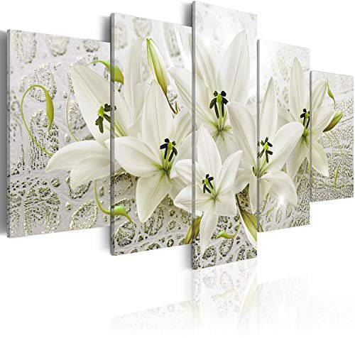 B&D XXL - Tableau décoratif nature 200x100 cm - Impression sur toile colorée - Décoration murale pour salon et chambre - Lueur fleurs lys nature ornements plantes fond vert b-A-0326-b-p
