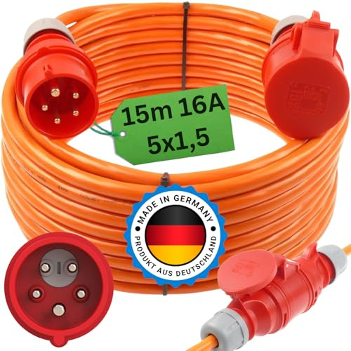 netbote24 maxgo CEE-Starkstromkabel Kraftstromkabel Verlängerungskabel 400V 16A 15m mit Phasenwender 5P 6h Verlängerung Polyurethanleitung Pur Kabel H07BQ-F 5X1,5mm² IP44 Außenbereich