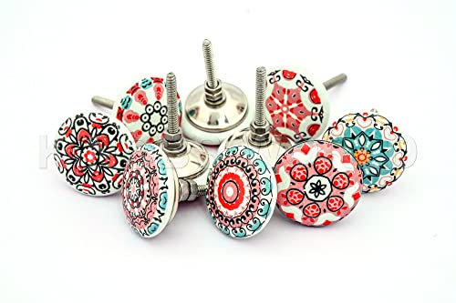 10 x Mix Vintage Look Flower Ceramic Knobs Door Handle Cabinet Drawer Cupboard Pull Mandala Design (Pink)