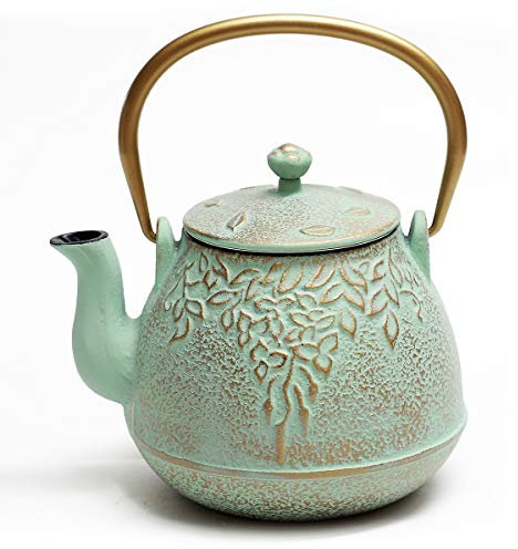 TOPTIER Tea Kettle for Stove Top, Cast Iron Teapot Stovetop Safe with Infusers for Loose Tea, 22 oz, Light Green