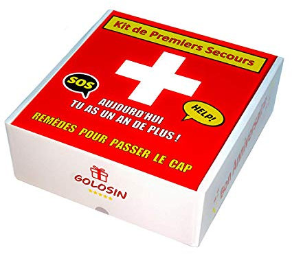 Cadeau anniversaire original. Remèdes pour passer le cap. Boite à pharmacie avec 10 imitations de médicaments. Contient des bonbons