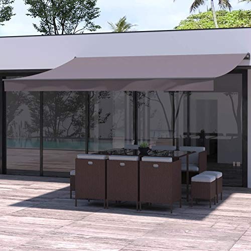 Store Banne Manuel ADRO 4x3 m Taupe Toile Polyester 280 g/m² Waterproof | Armature aluminium 2 bras, lambrequin amovible, 3 fixations murales acier incluses, manivelle fournie, entretien simple