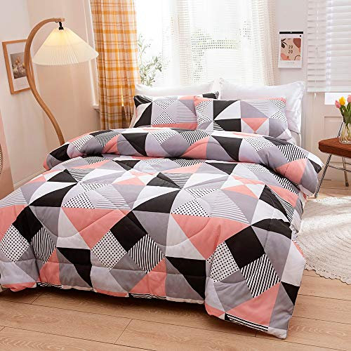 4 Jahreszeiten Bettdecke 155x220 Set Schwarz Weiß Rosa Kariert Atmungsaktive Geometrisches Karo Schlafdecke Weiche Kuschelige Sommerdecke Winter Quilted Microfaser Steppdecke Jahreszeitenbettdecke