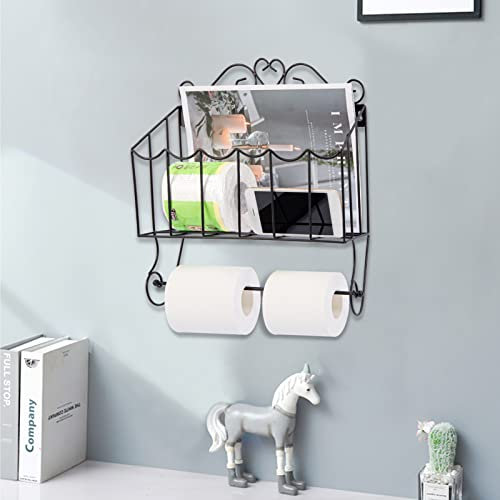 Toilet Paper Holder with Shelf Storage,Wall Mount Classical Toilet Paper Basket Organizer for Bathroom Kitchen, Durable Anti-Rust Waterproof Metal Wire Design Magazines Rack, Black