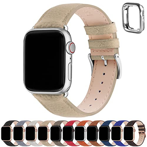 Fullmosa Correa para Apple Watch, Correas de Cuero Genuino Compatible con Apple Watch SE Series 8 Series 7/6/5/4/3/2/1/Se/Se2, Caqui + hebilla de plata,42mm/44mm/45mm