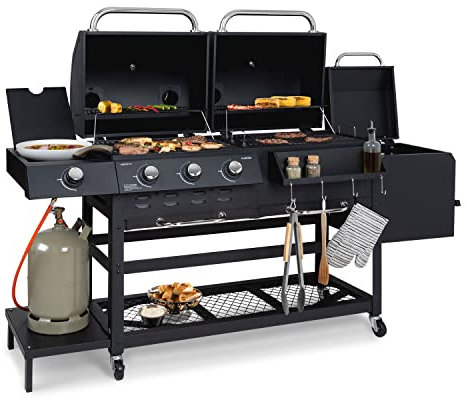 KLARSTEIN Kingsville - Griglia Combinata, Bruciatori in Acciaio Inox, InstantReady Concept, Bombole fino 11 kg, 2in1: a Gas/Carbonella, Altezza Regolabile, 3x3,6 kW+2,7 kW, Nero