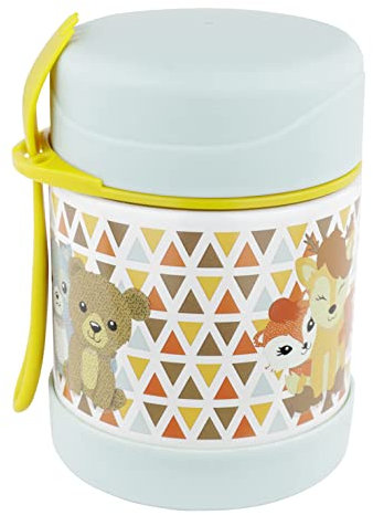 P:os 34329 - Thermo-Behälter aus Edelstahl im süßen Waldfreunde Design, 350 ml, auslaufsicherer Isolier-Behälter, doppelwandig vakuumisoliert, inkl. Gabel