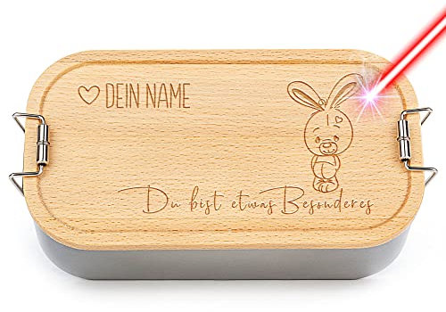 Brotdose mit Gravur selbst gestalten - Du bist etwas Besonderes, Hase - mit Name personalisieren - Geschenk für Mädchen, Jungen, Geburtstag, Schule - Lunchbox, Holzdeckel, BPA-frei, 600 ml
