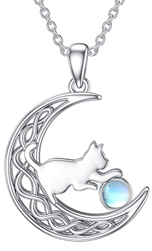 LONAGO Katze Halskette 925 Sterling Silber Geburtsstein mit Katze im Mond Anhänger Halskette Schmuck für Frauen