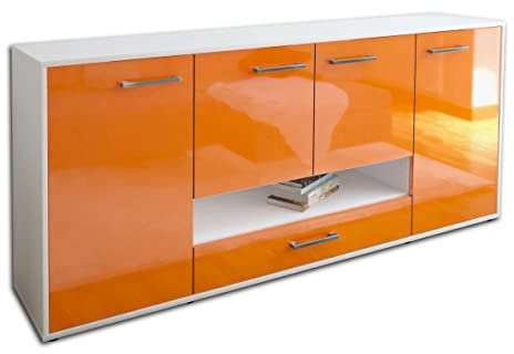 Kommode Sideboard Felicitas, Korpus in Weiss matt, Front im Hochglanz-Design Orange (180x79x35cm), inkl. Metall Griffen, Made in Germany