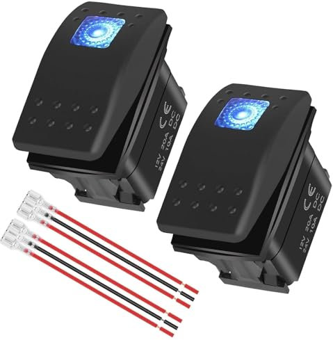 Linkstyle 2Pcs Marine Beleuchtet Kippschalter, Wasserdicht 12V 20A SPST ON/OFF Wippschalter 3 Pins mit Blauem LED Licht für Auto RV Yacht
