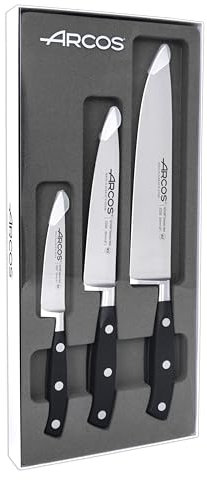 Arcos Riviera - Juego de Cuchillos de Cocina (Mondador + 2 Cuchillo Chef) - Acero Inoxidable Forjado NITRUM - Mango POM - Color Negro