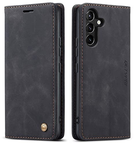 QLTYPRI Hülle für Samsung Galaxy A54 5G Handyhülle, Vintage Dünne Hülle mit Kartenfach Geld Slot Ständer PU Ledertasche TPU Bumper Wallet Case Flip Schutzhülle für Samsung Galaxy A54 - Schwarz