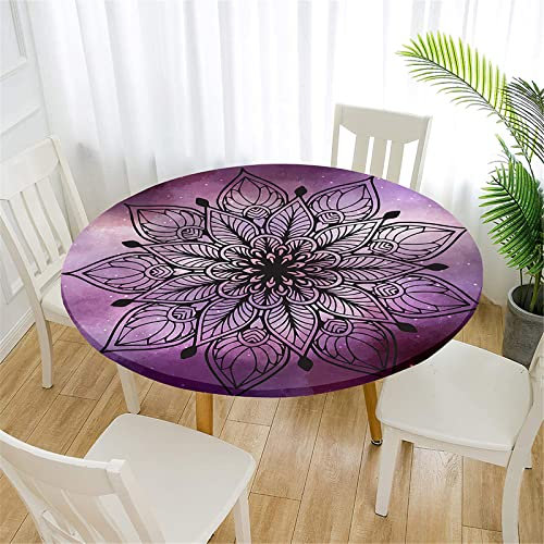 FANSU Mandala Rétro Nappe Ronde avec Bord Élastique Ronde Nappe de Table Anti Taches Imperméable Couverture de Table Décorations pour Cuisine Jardin (Diamètre 100cm,Étoile Violette)