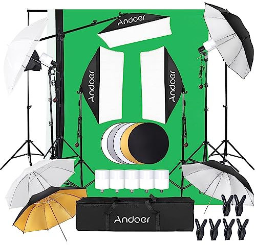 Andoer Softbox Lighting Kit 5500K 40W Light Bulb, Photography Lighting Kit with 50 * 70cm Softbox, 85cm White Photography Umbrella, 2m Light Stand, 2 * 3m Backdrop, Softbox Kit for Studio Photography