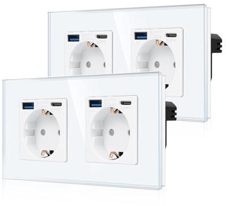 2er-Pack CNBINGO Doppelsteckdose mit 4× USB-Anschluss (20W Schnellladen) - 2× (Typ-C und USB-A) - Zweifach Glas Schuko Steckdose Unterputz - Weiß Wandsteckdose mit Kindersicherung