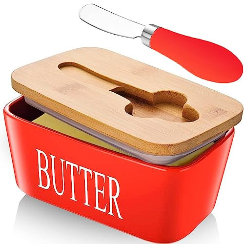 Butterdose mit Deckel und Buttermesser - Keramik, Glas oder Porzellan Butterschale für 250g Butter (Rot)