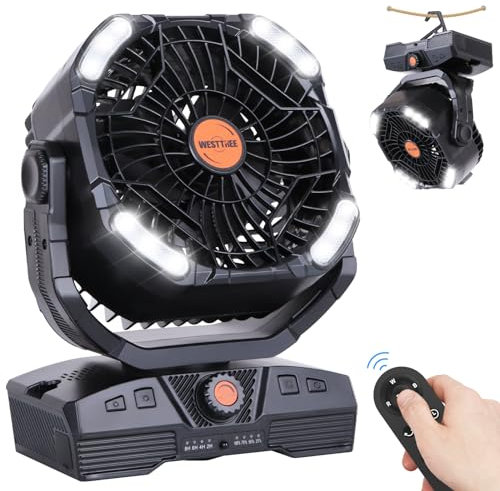 WESTTREE Camping Fan 20000mAh Rechargeable Battery Operated fan Outdoor Tent Fan with Light & Hook 270° Pivot, knob Speeds, Personal USB Desk Fan for Camping Power Outage Jobsite Black X68