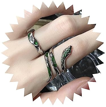 Wendalern Gothic Silber Schlange Ring Set - Offen Verstellbar, Smaragd Tier Band, Grün Kristall Midi Zeigefinger Schmuck Für Frauen (2 Stück)