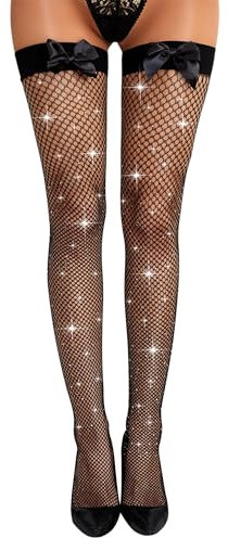 RSLOVE Bas Autofixants pour Femme Collants Résille Jarretelles avec Nœud Noir Taille Unique