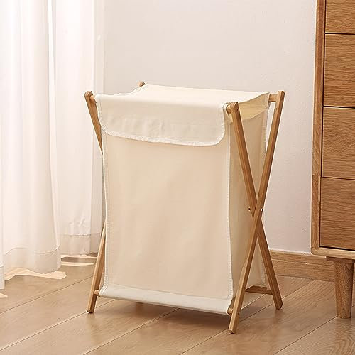 QHENS Wäschekorb Faltbar, Wäschekorb beige mit Deckel, 55L Wäschesammler 40x34x56,5 cm, Waschbar, für Waschküche, Schlafzimmer