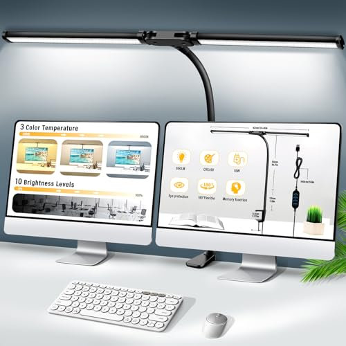 ICARE Doppelkopf Schreibtischlampe LED Dimmbar, Schreibtischlampe klemmbar für Homeoffice, Tageslichtlampe Schreibtisch Lampe, Augenschutz Schwanenhals Büro Tischlampe, Monitor Lampe, Architektenlampe