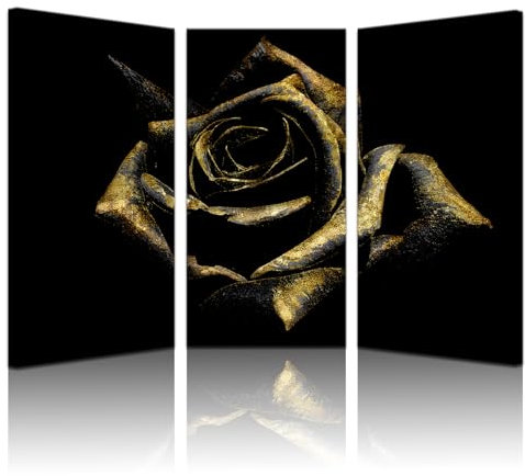 Biuteawal 3 Piece Black and Gold Flower Wall Art Luxurious Rose Canvas Prints Abstract Romantic Floral Picture Painting Artwork Modern Home Bedroom Living Room Wall Decor Framed