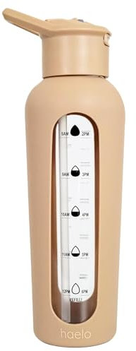 haelo 24oz Glass Motivational Water Bottle with Flip Lid Straw, Silicone Protective Sleeve, Handle, Reusable BPA Free (Amber)