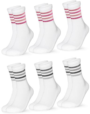 Occulto Damen Retro Tennissocken 80% Baumwolle 6er Pack (Modell: Steffi) Pink Grau Glitzer 35-38