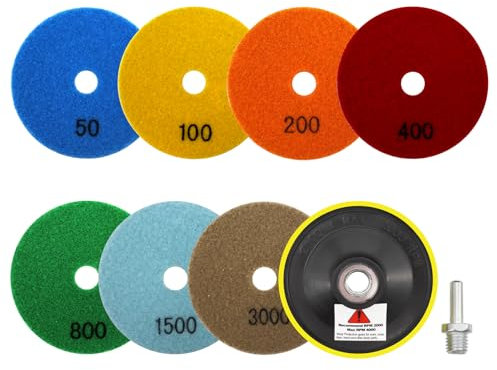 VENJELD Trockene Diamant Polierscheibe -7 Stücke Körnung 50/100/200/400/800/1500/3000 Polierpad 100mm mit M14 Gewinde Stützteller mit Adapter für Granit Marmor Kunststein Quarz für Winkelschleifer
