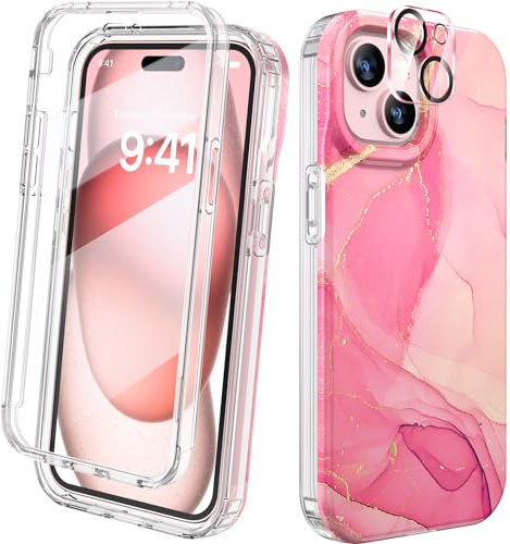 Diaclara Designed for iPhone 15 phone Case, Full Body Rugged Case with Built-in Touch Sensitive Anti-Scratch Screen Protector, with Camera Lens Protector for iPhone 15 6.1 (Dazzling Pink)